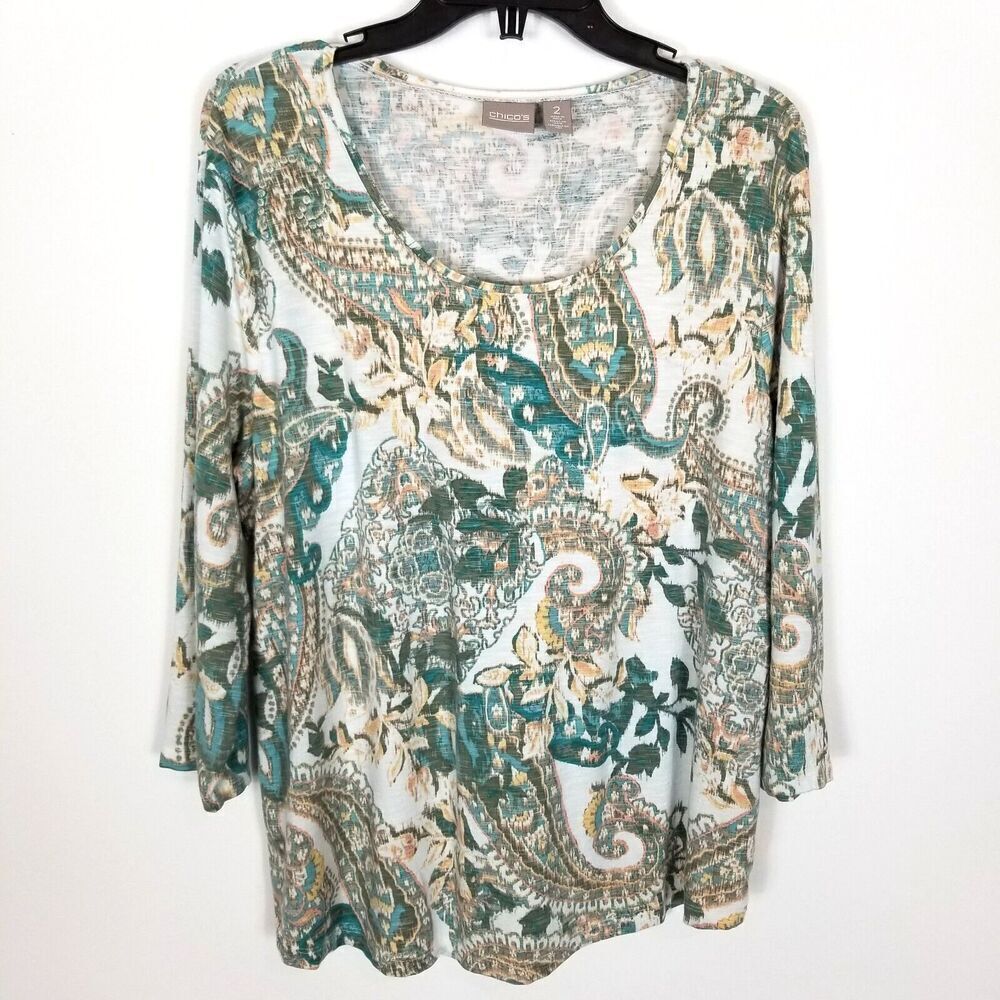 Chico's Women Paisley Floral Top Blouse Size L 3/4 Sleeve Stretch Green Comfort